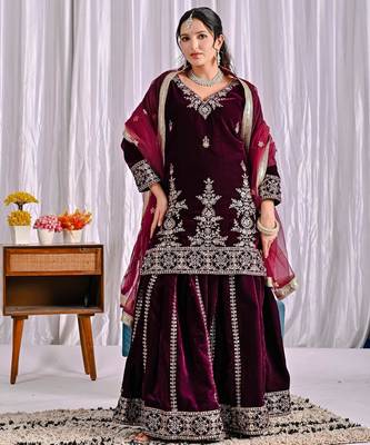 Wine silk blend embroidered palazzo set 3