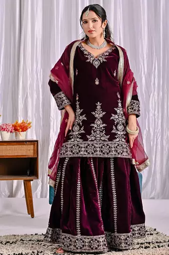 Wine silk blend embroidered palazzo set