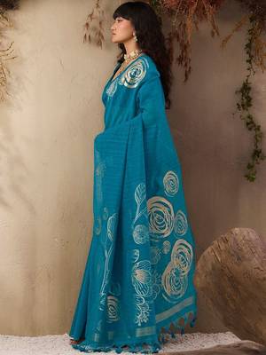 blue floral art silk blend designer tussar saree 5