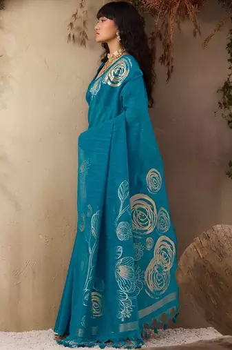 blue floral art silk blend designer tussar saree