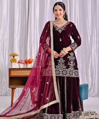 Wine silk blend embroidered palazzo set 4