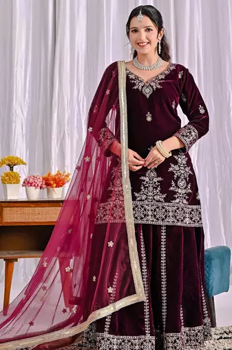 Wine silk blend embroidered palazzo set