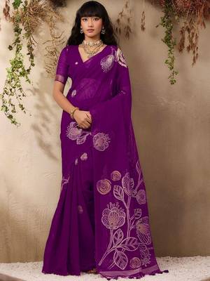 purple floral embroidered art silk blend tussar saree 1
