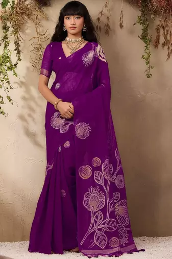 purple floral embroidered art silk blend tussar saree