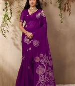purple floral embroidered art silk blend tussar saree