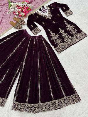 Wine silk blend embroidered palazzo set 5