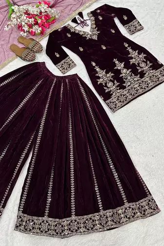 Wine silk blend embroidered palazzo set