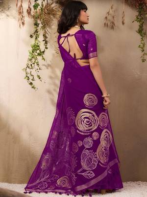 purple floral embroidered art silk blend tussar saree 3