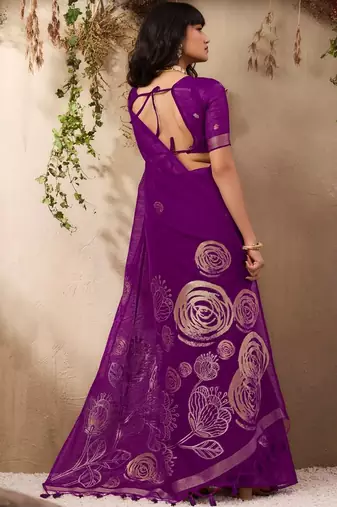 purple floral embroidered art silk blend tussar saree