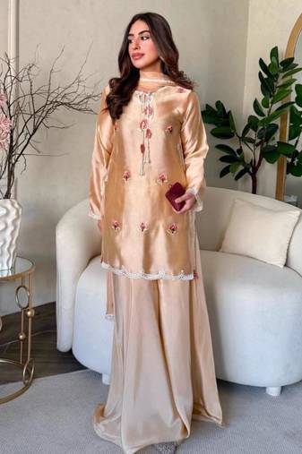 Champagne silk blend embroidered palazzo set