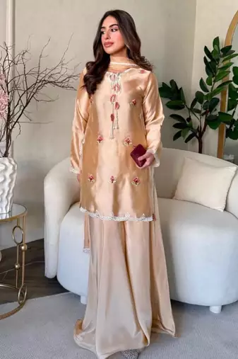 Champagne silk blend embroidered palazzo set