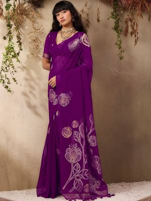 purple floral embroidered art silk blend tussar saree 5