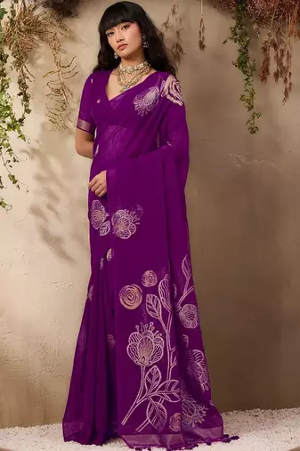 purple floral embroidered art silk blend tussar saree