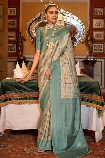 beige woven design zari kanjeevaram silk blend saree