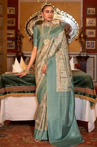 beige woven design zari kanjeevaram silk blend saree