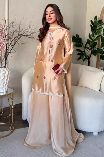 Champagne silk blend embroidered palazzo set