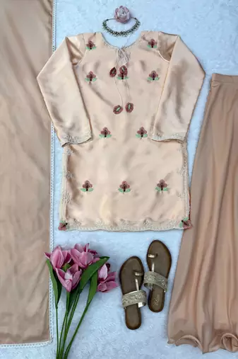 Champagne silk blend embroidered palazzo set