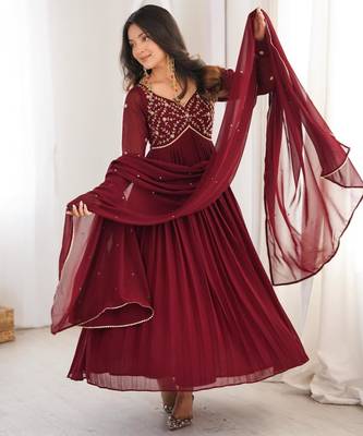 Maroon faux georgette beads flared gown set 1