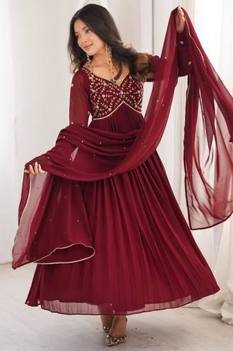 Maroon faux georgette beads flared gown set