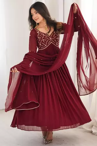 Maroon faux georgette beads flared gown set
