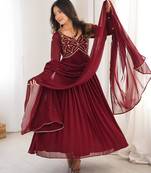 Maroon faux georgette beads flared gown set