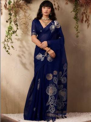 navy blue floral art silk blend tussar saree 1
