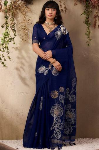 navy blue floral art silk blend tussar saree