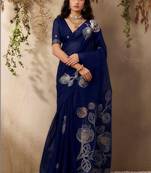 navy blue floral art silk blend tussar saree