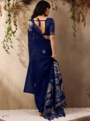navy blue floral art silk blend tussar saree 2