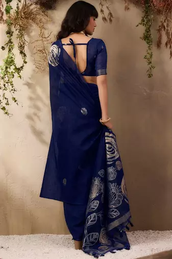 navy blue floral art silk blend tussar saree