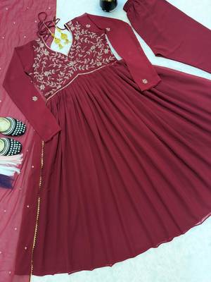 Maroon faux georgette beads flared gown set 3