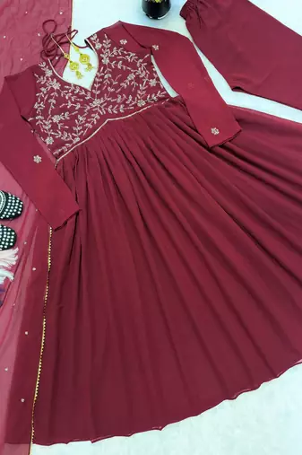 Maroon faux georgette beads flared gown set