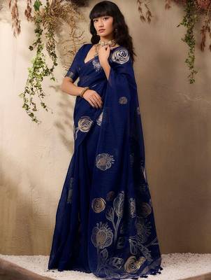 navy blue floral art silk blend tussar saree 3