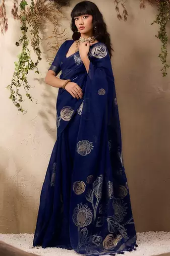 navy blue floral art silk blend tussar saree