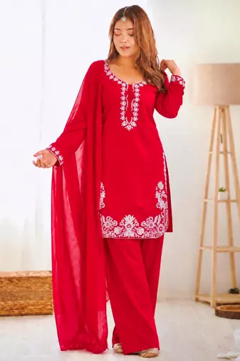 Red silk blend embroidered farshi salwar set