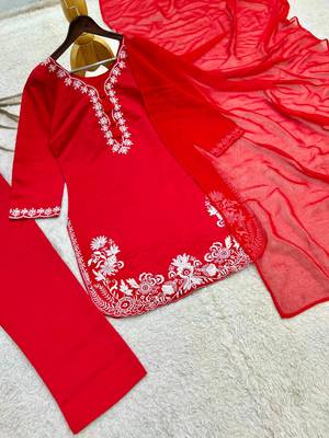 Red silk blend embroidered farshi salwar set 3