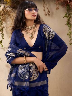 navy blue floral art silk blend tussar saree 4