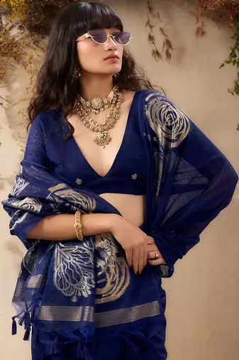 navy blue floral art silk blend tussar saree