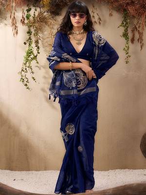 navy blue floral art silk blend tussar saree 5