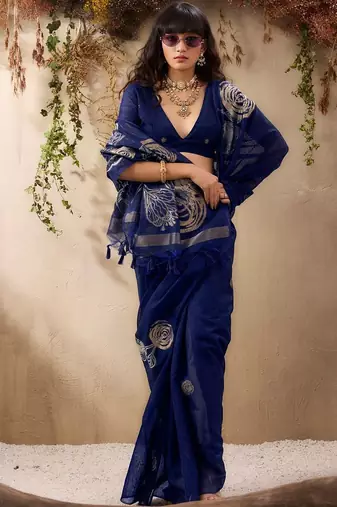 navy blue floral art silk blend tussar saree