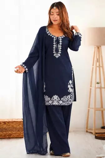 Navy-blue silk blend embroidered farshi salwar set