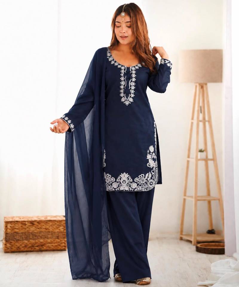 Navy-blue silk blend embroidered farshi salwar set