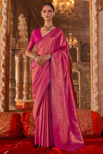 pink ethnic motifs woven design kanjivaram saree with matching blouse