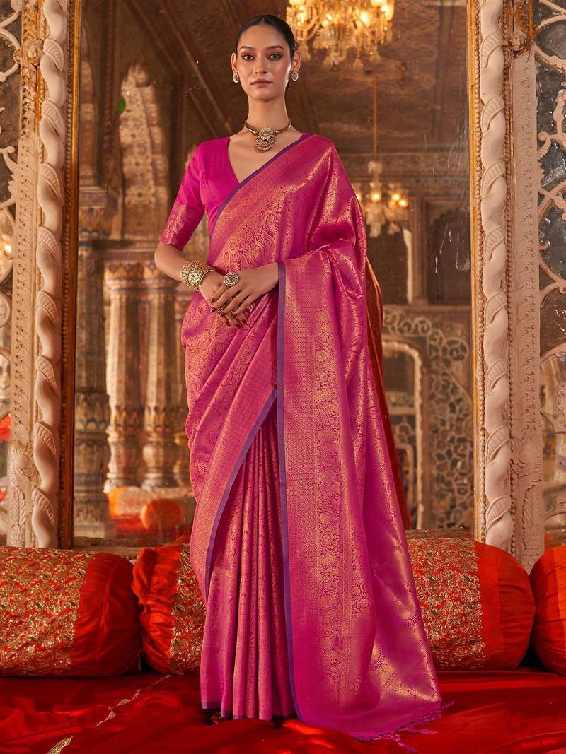 pink ethnic motifs woven design kanjivaram saree with matching blouse