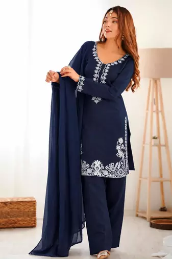 Navy-blue silk blend embroidered farshi salwar set