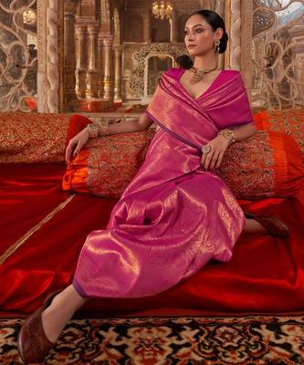 pink ethnic motifs woven design kanjivaram saree with matching blouse 2