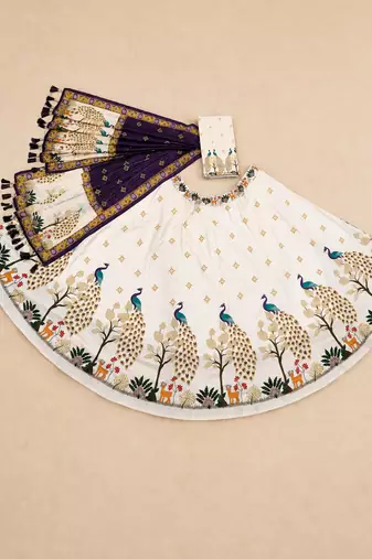 cream rayon circular lehenga with printed design