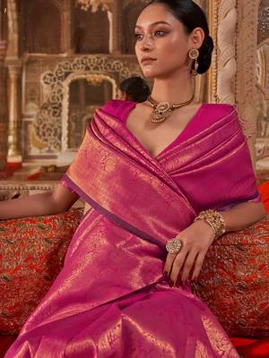 pink ethnic motifs woven design kanjivaram saree with matching blouse 3