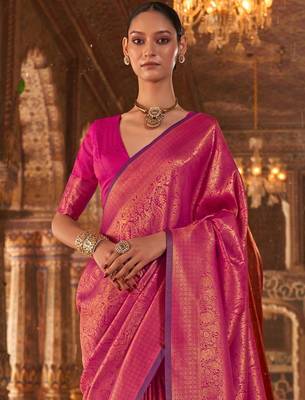pink ethnic motifs woven design kanjivaram saree with matching blouse 4