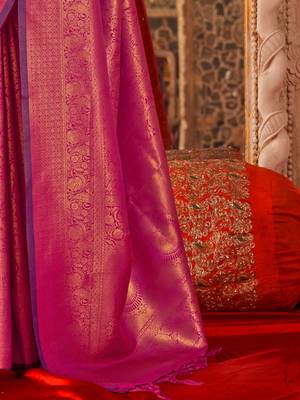 pink ethnic motifs woven design kanjivaram saree with matching blouse 5